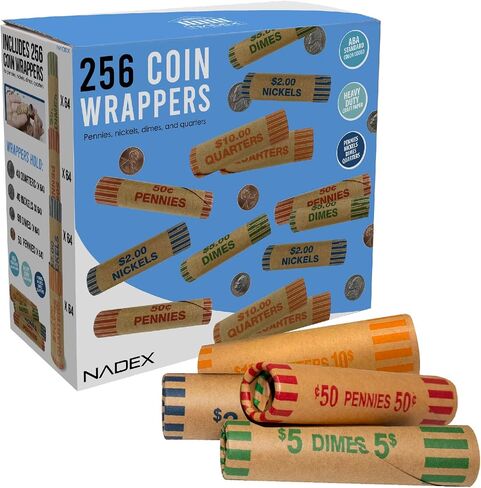 Nadex 256 Assorted Preformed Crimped End Coin Roll Wrappers, 64 Each of Nickels, Dimes, Pennies and Quarters in Saudi Arabia