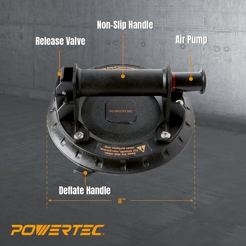 أكواب شفط كهربائية شديدة التحمل مقاس 8 بوصات من POWERTEC بسعة تحميل 242 رطلاً، قطعة واحدة، رافع أكواب شفط فراغ محمول لرفع البلاط الكبير والجرانيت والرخام وإزالة الزجاج الأمامي (71884) in Kuwait