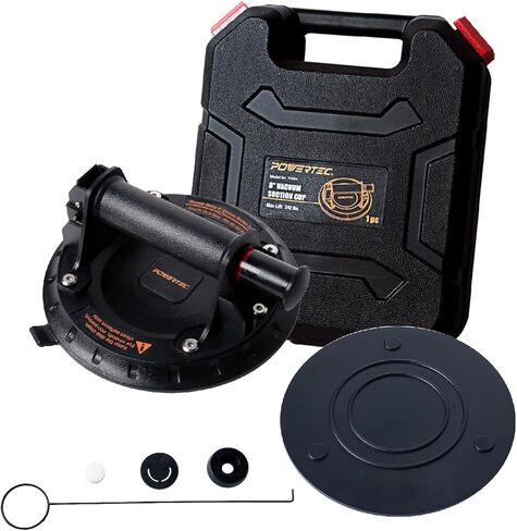أكواب شفط كهربائية شديدة التحمل مقاس 8 بوصات من POWERTEC بسعة تحميل 242 رطلاً، قطعة واحدة، رافع أكواب شفط فراغ محمول لرفع البلاط الكبير والجرانيت والرخام وإزالة الزجاج الأمامي (71884) in Kuwait