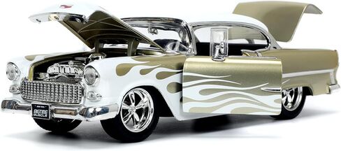 Big Time Muscle 1:24 1955 Chevy Bel Air Die-Cast Car, Toys for Kids and Adults(White/Gold Flames) in Saudi Arabia