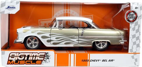 Big Time Muscle 1:24 1955 Chevy Bel Air Die-Cast Car, Toys for Kids and Adults(White/Gold Flames) in Saudi Arabia