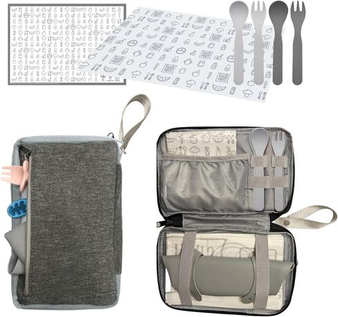 THEO'S Baby Led Weaning Supplies 12 Piece Clutch - Mealtime Essentials With 4 Disposable Splat Mats For Under High Chair, 3 Eco-Friendly Stick On Placemats, 2 Sets Ergonomic Plant Based Spoons & Forks in Saudi Arabia