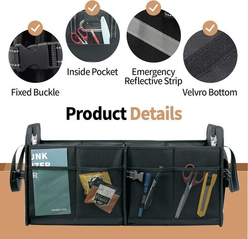 Trunk Organizer for Car, Storage Organizer with 60L Large Capacity, Foldable Car Organizer for SUVs/Sedans, Waterproof Collapsible & Multi Compartment, Organizer for Car Accessories, Tools, Black in Saudi Arabia