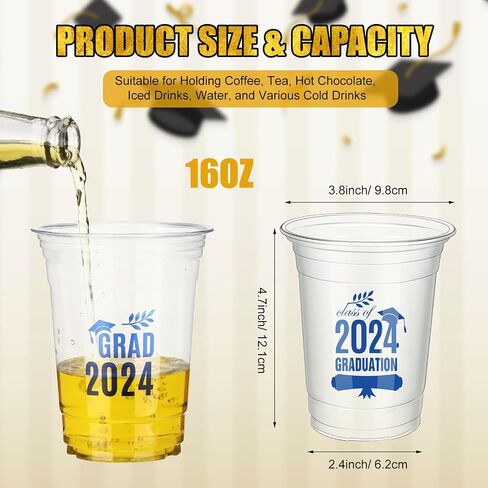 FoldTier 100 Pcs 16 oz Graduation Cups Class of 2024 Graduation Party Cups Disposable Graduation Plastic Cups Clear Congrats Grad Cups Graduation Drinking Cup for Graduation Party Supplies(Black) in Saudi Arabia