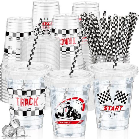 FoldTier 50 Pcs Checkered Racing Party Plastic Cup 12 Oz Checkered Flag Thick Clear Cup Black and White Checkered Cups Race Car Birthday Party Supplies for Racecar Sports Themed in Saudi Arabia