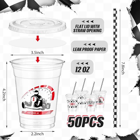 FoldTier 50 Pcs Checkered Racing Party Plastic Cup 12 Oz Checkered Flag Thick Clear Cup Black and White Checkered Cups Race Car Birthday Party Supplies for Racecar Sports Themed in Saudi Arabia