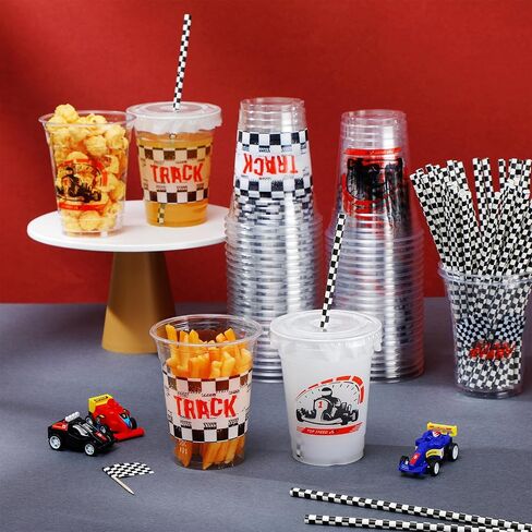 FoldTier 50 Pcs Checkered Racing Party Plastic Cup 12 Oz Checkered Flag Thick Clear Cup Black and White Checkered Cups Race Car Birthday Party Supplies for Racecar Sports Themed in Saudi Arabia