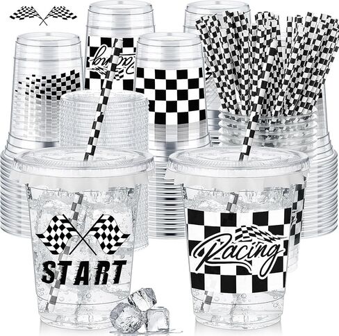 FoldTier 50 Pcs Checkered Racing Party Plastic Cup 12 Oz Checkered Flag Thick Clear Cup Black and White Checkered Cups Race Car Birthday Party Supplies for Racecar Sports Themed in Kuwait