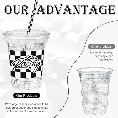 FoldTier 50 Pcs Checkered Racing Party Plastic Cup 12 Oz Checkered Flag Thick Clear Cup Black and White Checkered Cups Race Car Birthday Party Supplies for Racecar Sports Themed in Kuwait