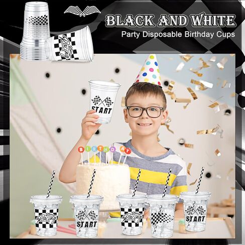 FoldTier 50 Pcs Checkered Racing Party Plastic Cup 12 Oz Checkered Flag Thick Clear Cup Black and White Checkered Cups Race Car Birthday Party Supplies for Racecar Sports Themed in Kuwait