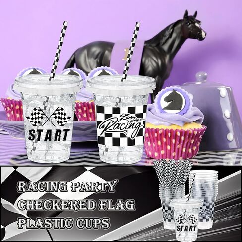 FoldTier 50 Pcs Checkered Racing Party Plastic Cup 12 Oz Checkered Flag Thick Clear Cup Black and White Checkered Cups Race Car Birthday Party Supplies for Racecar Sports Themed in Kuwait