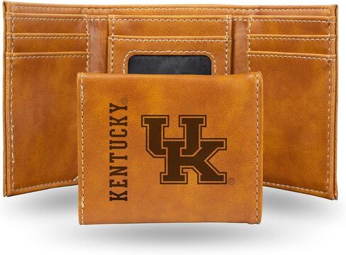 محفظة NCAA University of Kentucky Wildcats للرجال باللون البني - شعار الفريق الفاخر 10 جيوب محفور بالليزر على جلد نباتي - تصميم بسيط، نافذة لبطاقة الهوية، حامل بطاقة الائتمان - هدية مثالية للرجال in Saudi Arabia