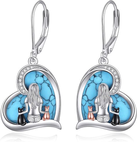 YFN Cat Earrings Sterling Silver Cat Dangle Drop Leverback Earrings Jewelry Cat Gifts for Women Girls in Kuwait