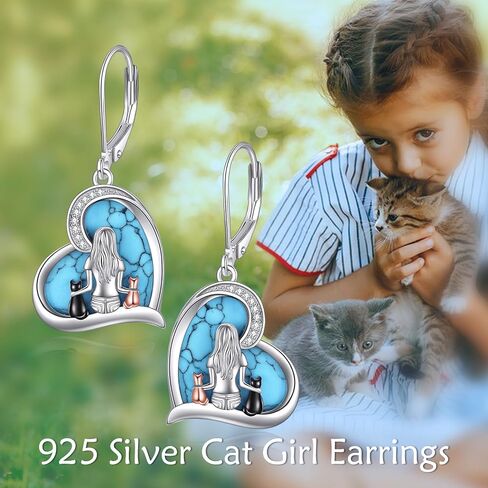 YFN Cat Earrings Sterling Silver Cat Dangle Drop Leverback Earrings Jewelry Cat Gifts for Women Girls in Kuwait