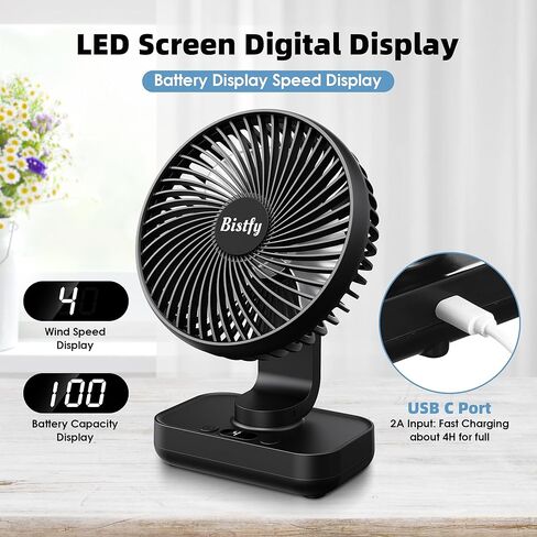 Bistfy Desk Fan 5'' Small Fan Ultra-Silent, 120° Oscillating, 90° Adjustable Head Tilt, with Digital Display 4 Speed Portable USB Rechargeable Table Fan Ideal for Home, Bedroom, Office or Travel in Saudi Arabia