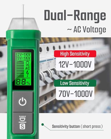 Voltage Tester, TESMEN TN-213 Non-Contact Voltage Tester, Electrical Tester, AC 12V-/70V-1000V, Dual-Range, LCD Display in Percentage, Buzzer Alarm, Live Wire Tester, Wire Breakpoint Finder - Green in Saudi Arabia