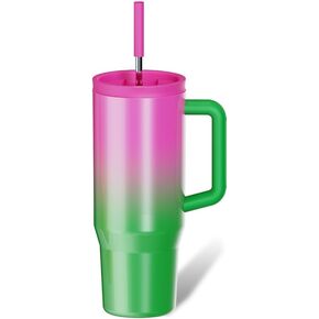 كوب بسعة 40 أونصة بمقبض وغطاء من القش - زجاجة مياه معزولة من الفولاذ المقاوم للصدأ، كوب سفر مانع للتسرب - يناسب حامل الأكواب - ترمس للمشروبات الساخنة والباردة - هدية مثالية للرجال والنساء (أسود) in Kuwait