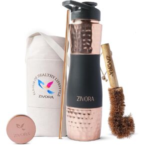 Copper Water Bottle - 34oz Pure Water Bottle for Drinking with Dual Cap, Copper Straw, Canvas Bag & Cleaning Brush - Handcrafted, Lab-Tested, Specially Design for Outdoor Activities in Saudi Arabia