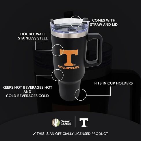 Desert Cactus University of Tennessee UT Knoxville Volunteers Vols Large Insulated Stainless Steel Handle Lid Straw Reusable Double Walled Cup Hot Cold Drinkware (40oz Ounce Rally Tumbler Design B) in Saudi Arabia