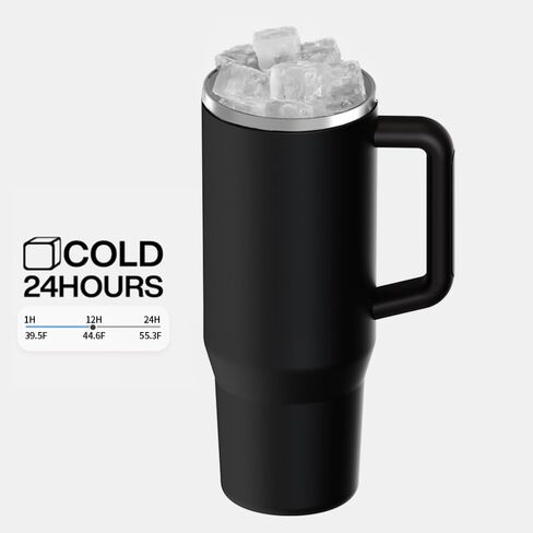 كوب بسعة 40 أونصة بمقبض وغطاء من القش - زجاجة مياه معزولة من الفولاذ المقاوم للصدأ، كوب سفر مانع للتسرب - يناسب حامل الأكواب - ترمس للمشروبات الساخنة والباردة - هدية مثالية للرجال والنساء (أسود) in Kuwait