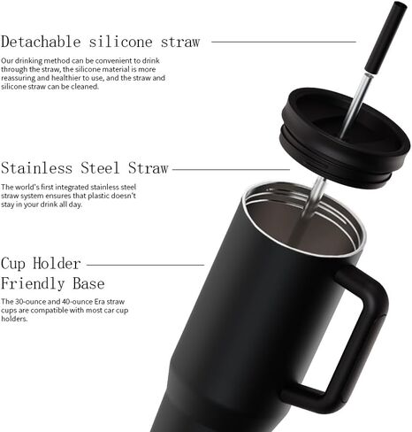كوب بسعة 40 أونصة بمقبض وغطاء من القش - زجاجة مياه معزولة من الفولاذ المقاوم للصدأ، كوب سفر مانع للتسرب - يناسب حامل الأكواب - ترمس للمشروبات الساخنة والباردة - هدية مثالية للرجال والنساء (أسود) in Kuwait