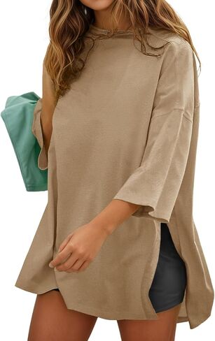 Fisoew Womens Oversized T Shirts Casual 3/4 Sleeve Side Slit Workout Gym Loose Fit Summer Tee Tunic Tops in Saudi Arabia