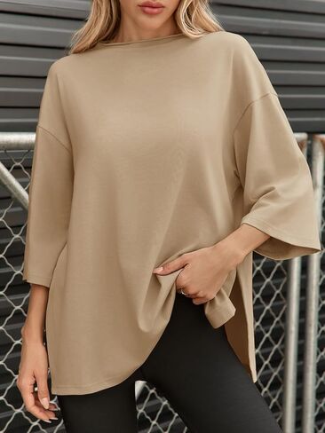 Fisoew Womens Oversized T Shirts Casual 3/4 Sleeve Side Slit Workout Gym Loose Fit Summer Tee Tunic Tops in Saudi Arabia