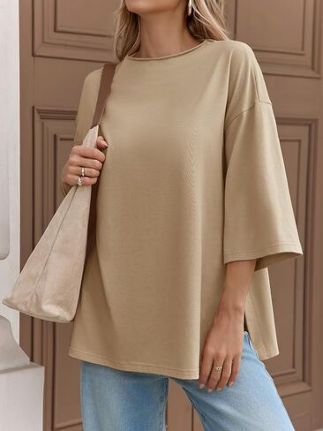 Fisoew Womens Oversized T Shirts Casual 3/4 Sleeve Side Slit Workout Gym Loose Fit Summer Tee Tunic Tops in Saudi Arabia