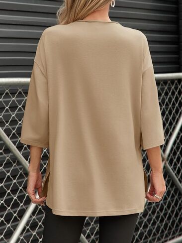 Fisoew Womens Oversized T Shirts Casual 3/4 Sleeve Side Slit Workout Gym Loose Fit Summer Tee Tunic Tops in Saudi Arabia