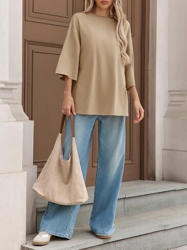 Fisoew Womens Oversized T Shirts Casual 3/4 Sleeve Side Slit Workout Gym Loose Fit Summer Tee Tunic Tops in Saudi Arabia