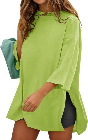 Fisoew Womens Oversized T Shirts Casual 3/4 Sleeve Side Slit Workout Gym Loose Fit Summer Tee Tunic Tops in Saudi Arabia