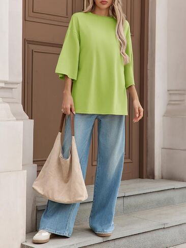 Fisoew Womens Oversized T Shirts Casual 3/4 Sleeve Side Slit Workout Gym Loose Fit Summer Tee Tunic Tops in Saudi Arabia