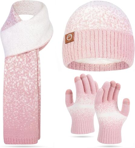 مجموعة قفازات وشاح قبعة شتوية للنساء - قفازات شاشة تعمل باللمس، وشاح طويل متماسك ومجموعة قبعة صغيرة بتصميم ندفة الثلج المتدرجة للنساء in Kuwait