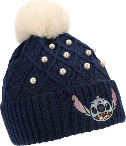 Disney Stitch Character Face & Pearl Appliques Blue Cuff Beanie in Kuwait