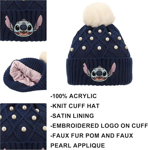 Disney Stitch Character Face & Pearl Appliques Blue Cuff Beanie in Kuwait