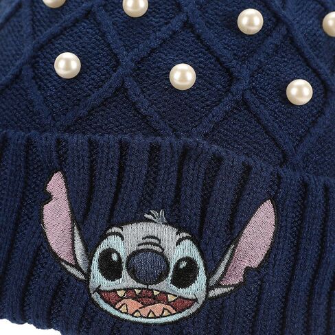 Disney Stitch Character Face & Pearl Appliques Blue Cuff Beanie in Kuwait