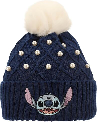 Disney Stitch Character Face & Pearl Appliques Blue Cuff Beanie in Kuwait