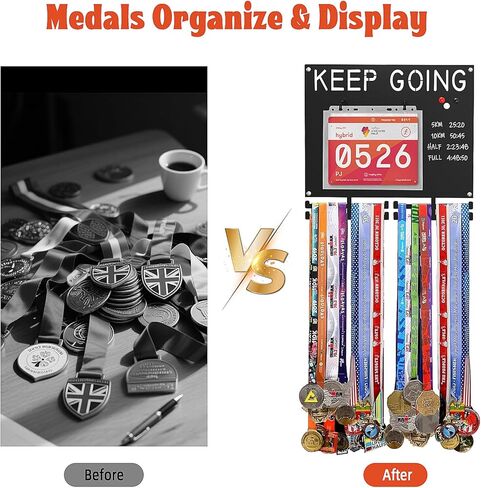 عرض ميدالية السباق مريلة حديدية شديدة التحمل وعرض ميدالية للعدائين تحمل أكثر من 50 ميدالية ومرايل سباق حامل ميدالية ماراثون تتضمن 10 أكياس تخزين مريلة و1 قلم تحديد قابل للغسل و3 مغناطيسات in Kuwait