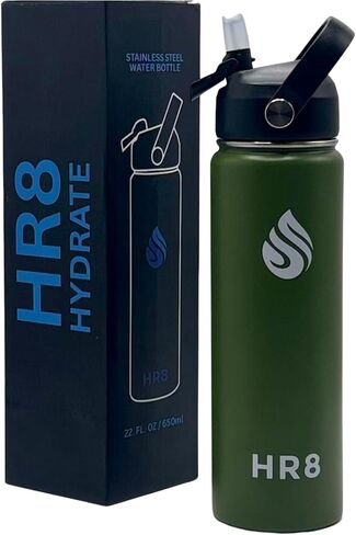 HR8 Stainless Steel Insulated Water Bottle with Straw Lid, Wide Mouth Stainless Steel Metal Water Bottle – 24H Cold, 12H Hot, Leakproof, BPA-Free (Army Green, 22 Ounces - 650ml) in Saudi Arabia
