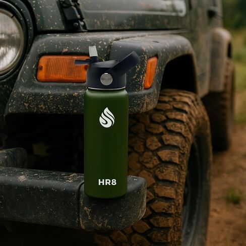 HR8 Stainless Steel Insulated Water Bottle with Straw Lid, Wide Mouth Stainless Steel Metal Water Bottle – 24H Cold, 12H Hot, Leakproof, BPA-Free (Army Green, 22 Ounces - 650ml) in Saudi Arabia