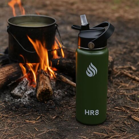 HR8 Stainless Steel Insulated Water Bottle with Straw Lid, Wide Mouth Stainless Steel Metal Water Bottle – 24H Cold, 12H Hot, Leakproof, BPA-Free (Army Green, 22 Ounces - 650ml) in Saudi Arabia