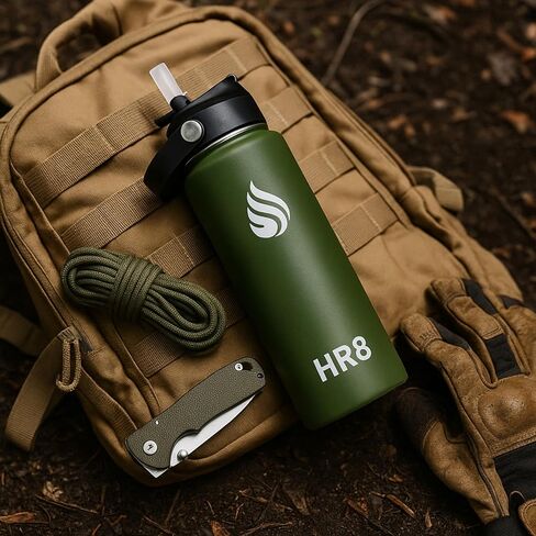 HR8 Stainless Steel Insulated Water Bottle with Straw Lid, Wide Mouth Stainless Steel Metal Water Bottle – 24H Cold, 12H Hot, Leakproof, BPA-Free (Army Green, 22 Ounces - 650ml) in Saudi Arabia
