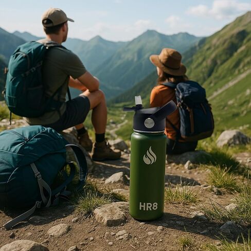 HR8 Stainless Steel Insulated Water Bottle with Straw Lid, Wide Mouth Stainless Steel Metal Water Bottle – 24H Cold, 12H Hot, Leakproof, BPA-Free (Army Green, 22 Ounces - 650ml) in Saudi Arabia