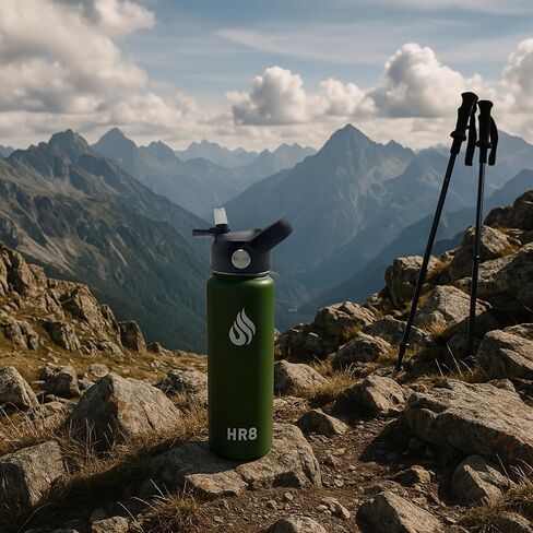 HR8 Stainless Steel Insulated Water Bottle with Straw Lid, Wide Mouth Stainless Steel Metal Water Bottle – 24H Cold, 12H Hot, Leakproof, BPA-Free (Army Green, 22 Ounces - 650ml) in Saudi Arabia