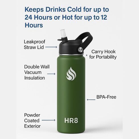 HR8 Stainless Steel Insulated Water Bottle with Straw Lid, Wide Mouth Stainless Steel Metal Water Bottle – 24H Cold, 12H Hot, Leakproof, BPA-Free (Army Green, 22 Ounces - 650ml) in Saudi Arabia