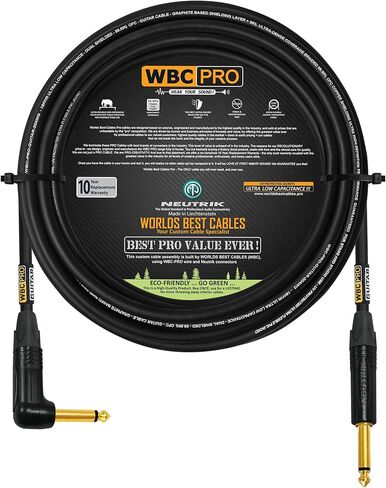 20 Foot - WBC-PRO-Guitar – 20 AWG - Low-Cap (18pF/ft) – Pro-Grade – Graphite-Based - Dual-Shielded Guitar, Bass, Instrument Cable with Neutrik Straight to Angled ¼ Inch (6.35mm) Gold TS Connectors in Saudi Arabia
