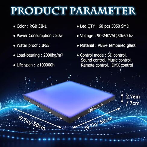 3D Dance Floor Stage Lights 25PCS, 8 * 8ft Tempered Glass with Flight Case Infinity Mirror Panel 3D Effect LED Dance Floor for Wedding Party (3D -Wired) in Saudi Arabia