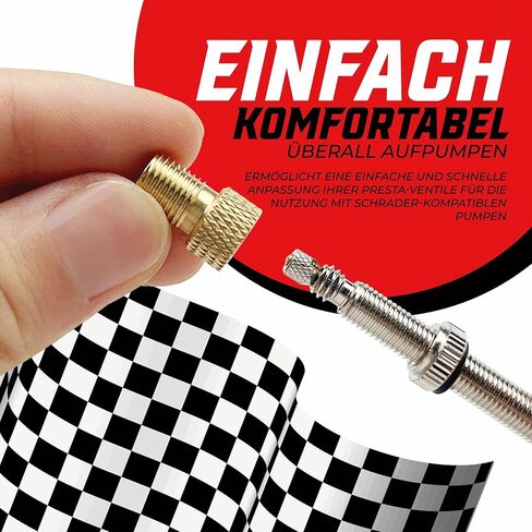 مجموعة محول صمام الدراجة Pitlane Performance® - محولات نحاسية لصمامات بريستا - 2 محولات بريستا إلى شريدر + 2 غطاء صمام للدراجات والدراجات الإلكترونية والدراجات البخارية (مجموعة من 5 (بما في ذلك سلسلة المفاتيح)) in Kuwait