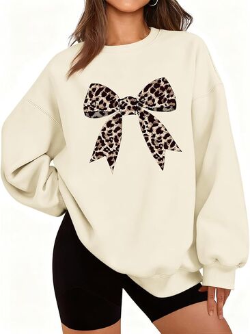 Bow Sweatshirt for Women Leopard Print Cute Sweatshirts Graphic Preppy Pullover Trendy Casual Crewneck Clothes in Saudi Arabia