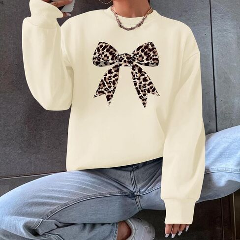 Bow Sweatshirt for Women Leopard Print Cute Sweatshirts Graphic Preppy Pullover Trendy Casual Crewneck Clothes in Saudi Arabia